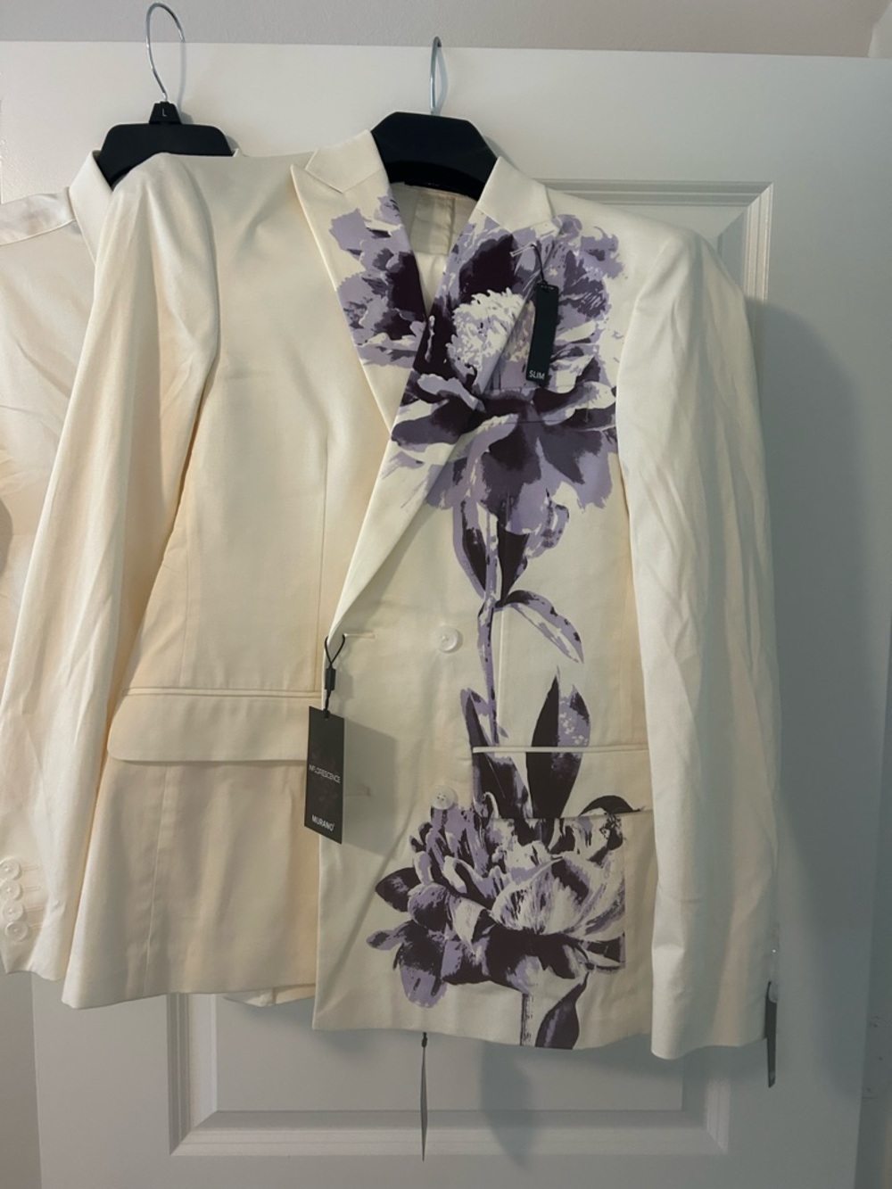 Murano Cream Blazer slim fit double breasted with Purple Floral Print